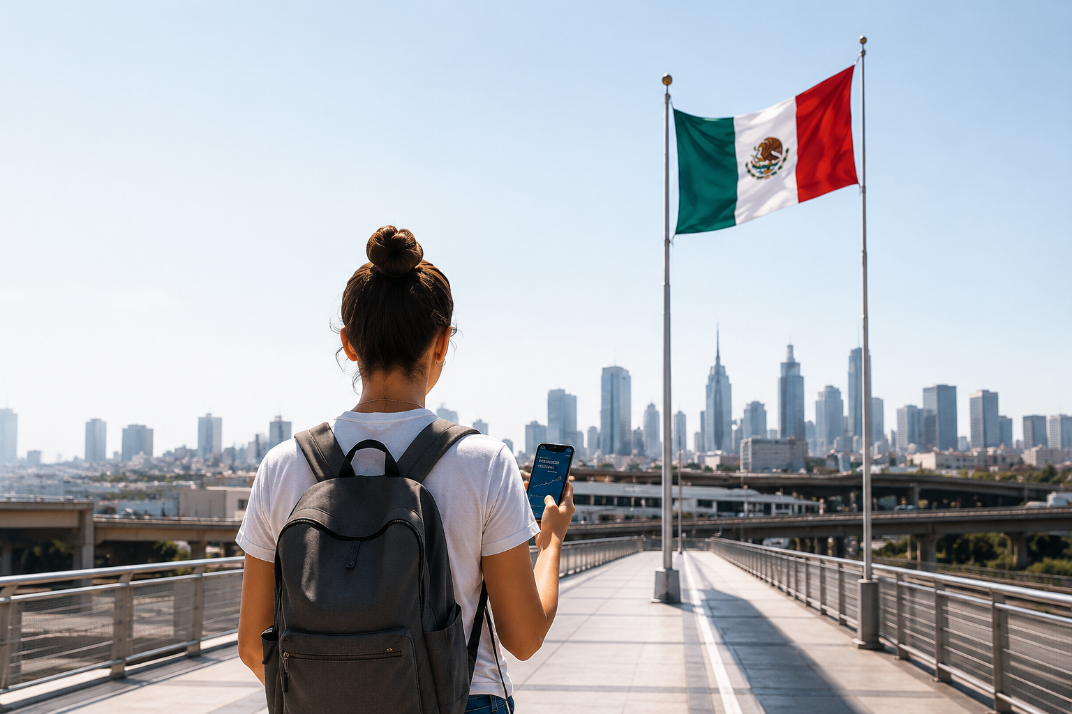 Person on a pedestrian bridge looking toward a city skyline while holding a phone, with a Mexican flag nearby